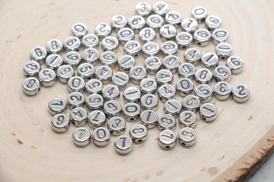 7 mm round acrylic silver number beads, mixed numbers 0–9; antique silver number beads
