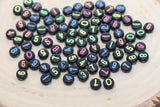 black 7 mm round acrylic number beads with neon numbers; black beads with neon numbers