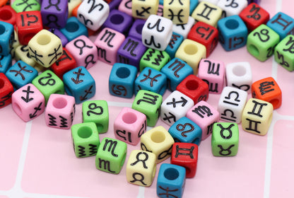 Multicolor Zodiac Cube Beads, Mixed Color Zodiac Square Beads, Star Symbol Beads, Acrylic Cube Beads, Acrylic Square Beads, Size 7mm #194