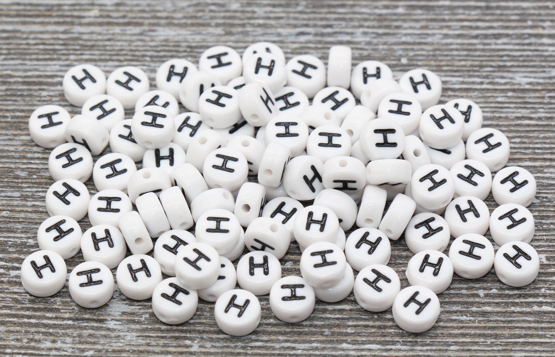 Letter H Alphabet Beads, White Alphabet Letter Beads, Acrylic White and Black Letters Beads, Round Acrylic Beads, Name Beads, Size 7mm