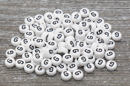 Letter G Alphabet Beads, White Alphabet Letter Beads, Acrylic White and Black Letters Beads, Round Acrylic Beads, Name Beads, Size 7mm