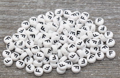 Letter F Alphabet Beads, White Alphabet Letter Beads, Acrylic White and Black Letters Beads, Round Acrylic Beads, Name Beads, Size 7mm