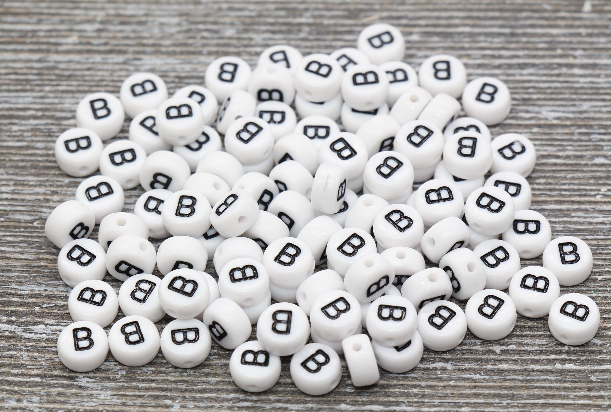 Letter B Alphabet Beads, White Alphabet Letter Beads, Acrylic White and Black Letters Beads, Round Acrylic Beads, Name Beads, Size 7mm