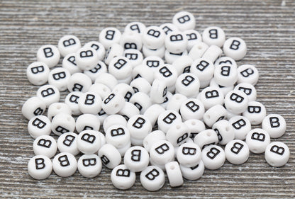 Letter B Alphabet Beads, White Alphabet Letter Beads, Acrylic White and Black Letters Beads, Round Acrylic Beads, Name Beads, Size 7mm