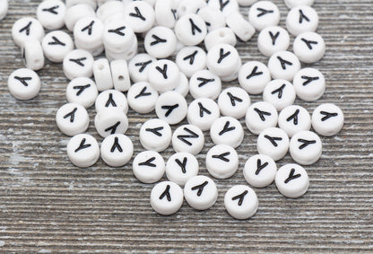 Letter Y Alphabet Beads, White Alphabet Letter Beads, Acrylic White and Black Letters Beads, Round Acrylic Beads, Name Beads, Size 7mm