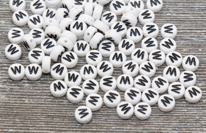 Letter W Alphabet Beads, White Alphabet Letter Beads, Acrylic White and Black Letters Beads, Round Acrylic Beads, Name Beads, Size 7mm