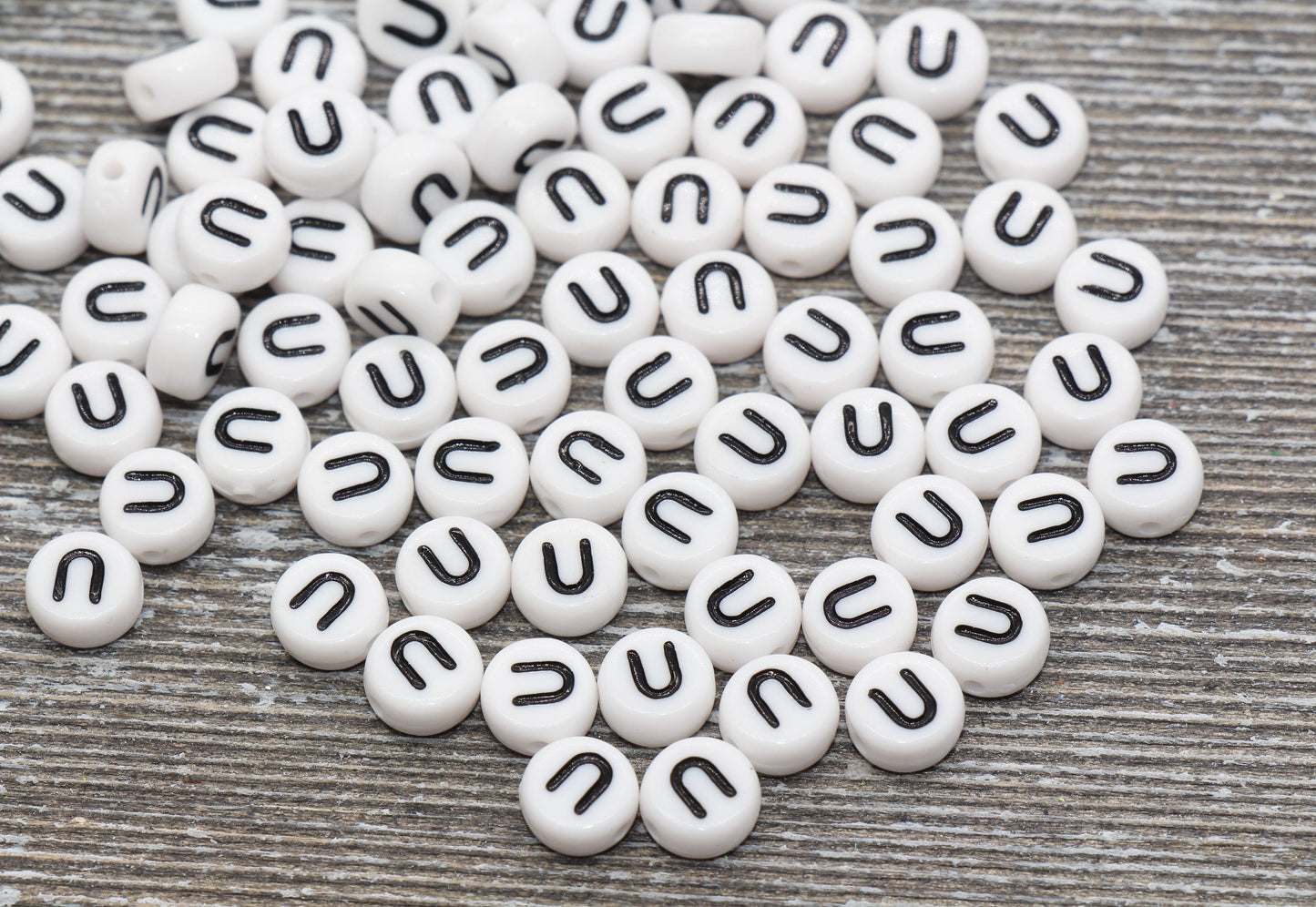 Letter U Alphabet Beads, White Alphabet Letter Beads, Acrylic White and Black Letters Beads, Round Acrylic Beads, Name Beads, Size 7mm