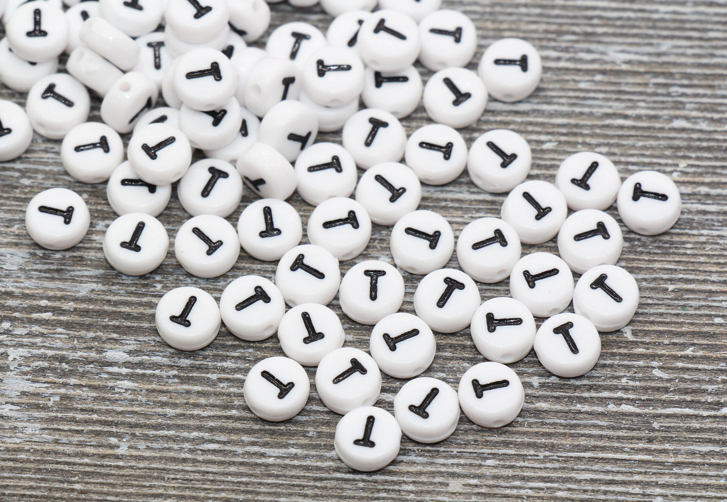 Letter T Alphabet Beads, White Alphabet Letter Beads, Acrylic White and Black Letters Beads, Round Acrylic Beads, Name Beads, Size 7mm