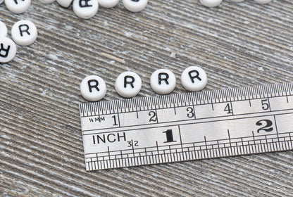 Letter R Alphabet Beads, White Alphabet Letter Beads, Acrylic White and Black Letters Beads, Round Acrylic Beads, Name Beads, Size 7mm