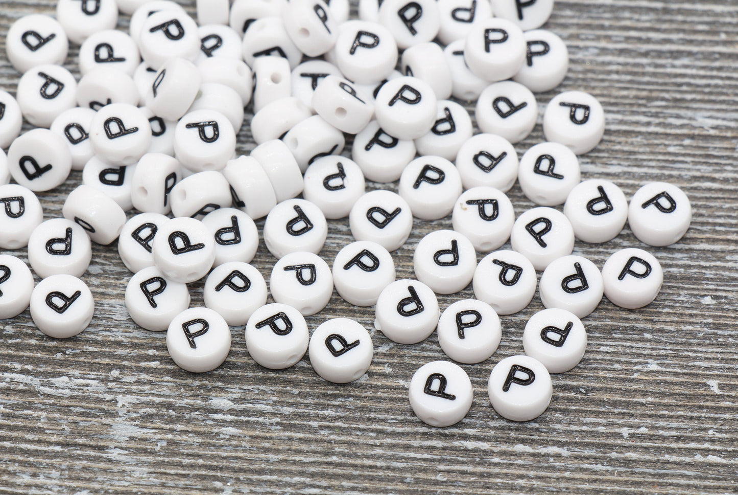 Letter P Alphabet Beads, White Alphabet Letter Beads, Acrylic White and Black Letters Beads, Round Acrylic Beads, Name Beads, Size 7mm