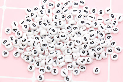Mixed Number Beads, Acrylic Number Beads, White Beads with Black Numbers Round Beads, Bracelet Beads, Jewelry Making, Size 7mm #88