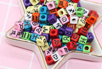 Multicolor Zodiac Cube Beads, Mixed Color Zodiac Square Beads, Star Symbol Beads, Acrylic Cube Beads, Acrylic Square Beads, Size 7mm #194