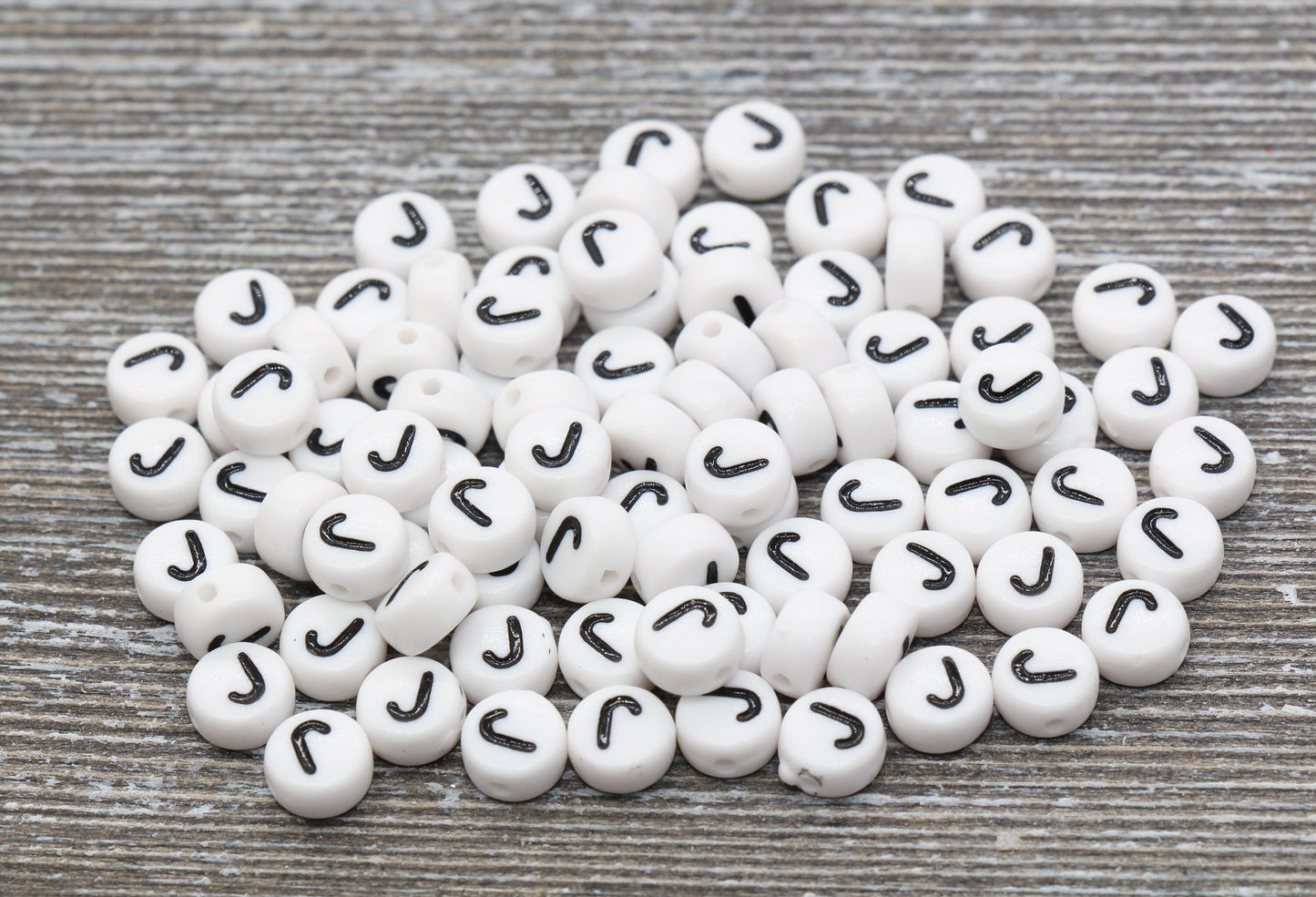 Letter J Alphabet Beads, White Alphabet Letter Beads, Acrylic White and Black Letters Beads, Round Acrylic Beads, Name Beads, Size 7mm