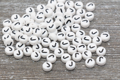 Letter J Alphabet Beads, White Alphabet Letter Beads, Acrylic White and Black Letters Beads, Round Acrylic Beads, Name Beads, Size 7mm