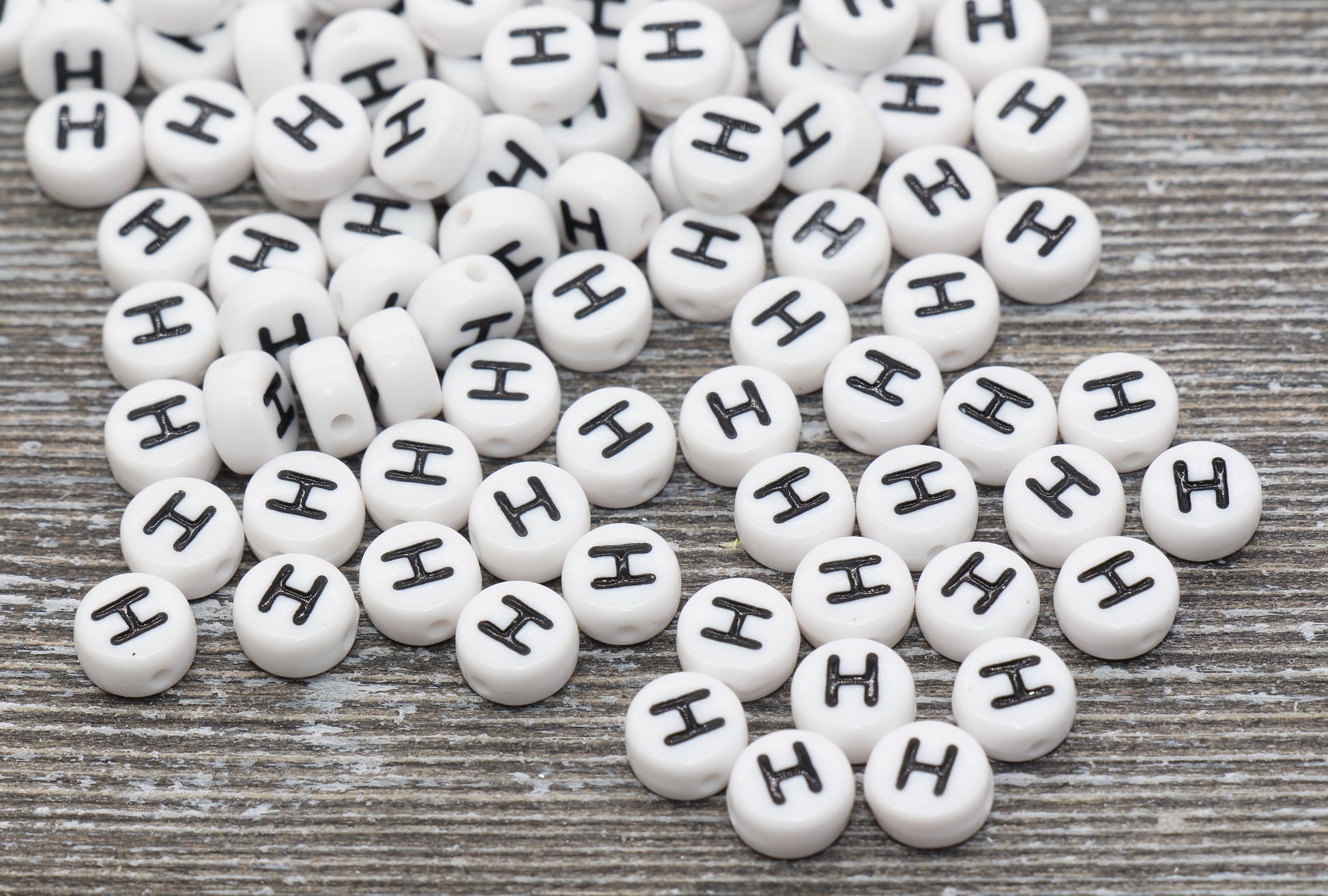 Letter H Alphabet Beads, White Alphabet Letter Beads, Acrylic White and Black Letters Beads, Round Acrylic Beads, Name Beads, Size 7mm