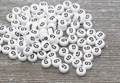 Letter G Alphabet Beads, White Alphabet Letter Beads, Acrylic White and Black Letters Beads, Round Acrylic Beads, Name Beads, Size 7mm