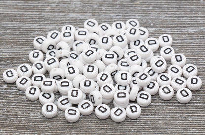 Letter D Alphabet Beads, White Alphabet Letter Beads, Acrylic White and Black Letters Beads, Round Acrylic Beads, Name Beads, Size 7mm