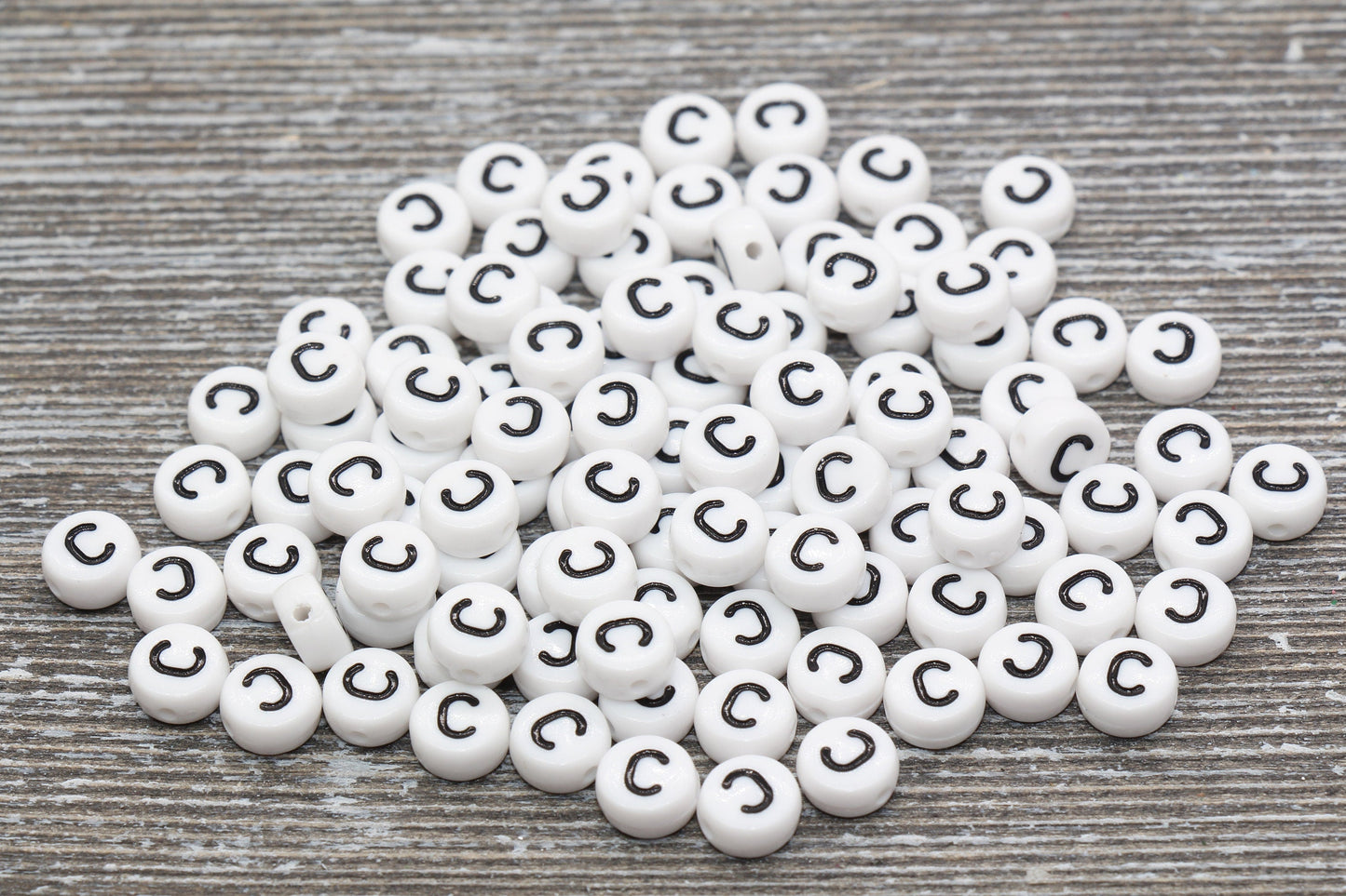 Letter C Alphabet Beads, White Alphabet Letter Beads, Acrylic White and Black Letters Beads, Round Acrylic Beads, Name Beads, Size 7mm