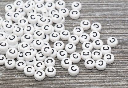 Letter C Alphabet Beads, White Alphabet Letter Beads, Acrylic White and Black Letters Beads, Round Acrylic Beads, Name Beads, Size 7mm