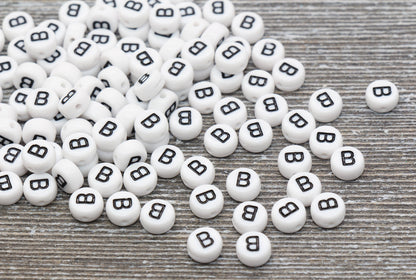 Letter B Alphabet Beads, White Alphabet Letter Beads, Acrylic White and Black Letters Beads, Round Acrylic Beads, Name Beads, Size 7mm