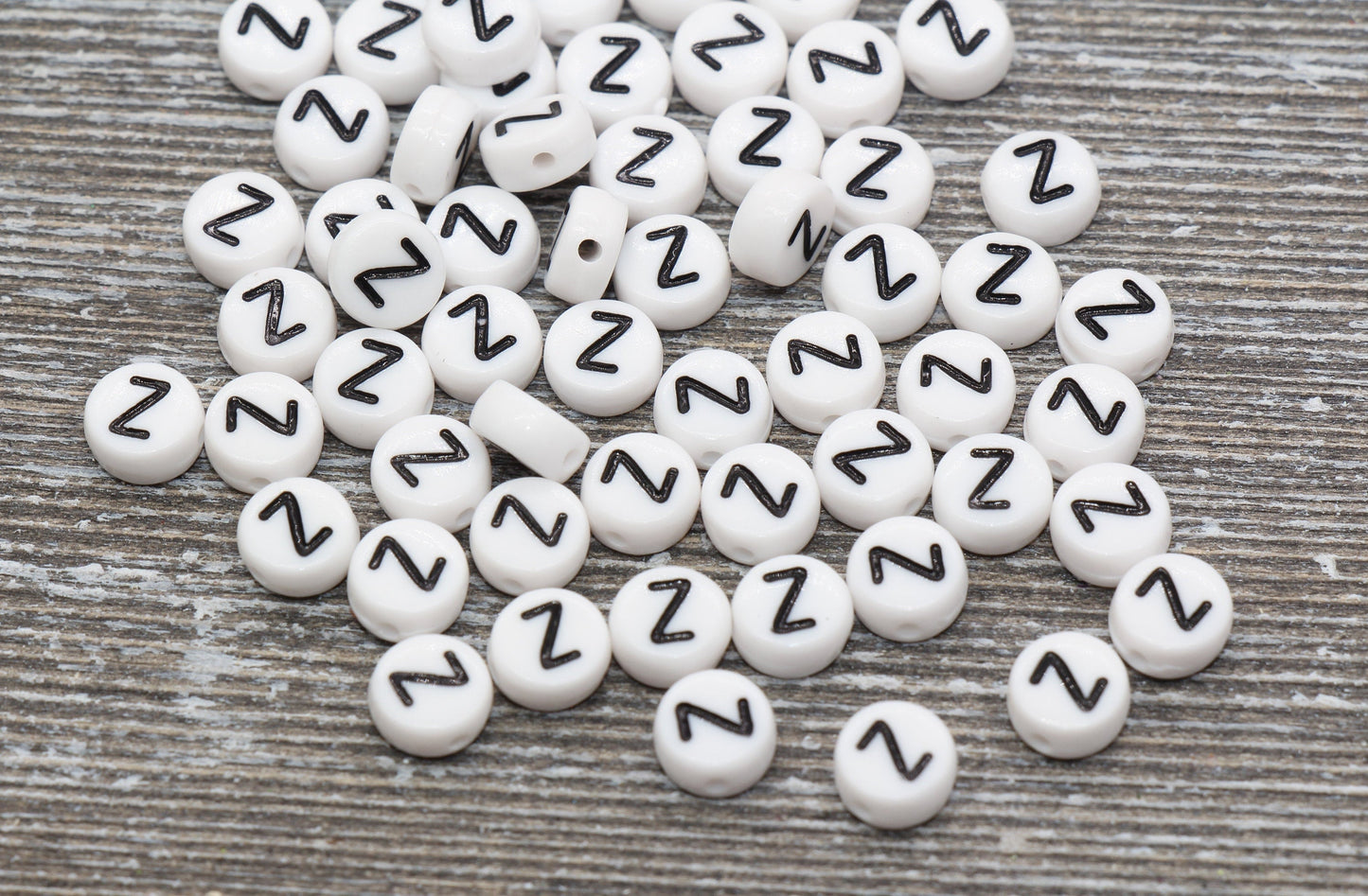 Letter Z Alphabet Beads, White Alphabet Letter Beads, Acrylic White and Black Letters Beads, Round Acrylic Beads, Name Beads, Size 7mm