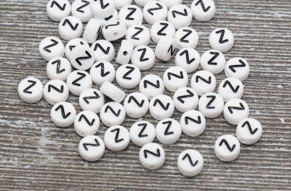 Letter Z Alphabet Beads, White Alphabet Letter Beads, Acrylic White and Black Letters Beads, Round Acrylic Beads, Name Beads, Size 7mm