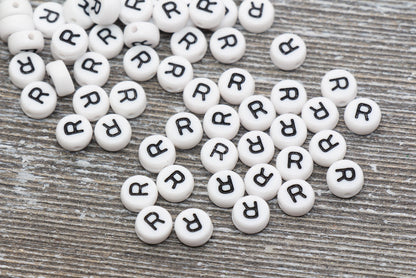 Letter R Alphabet Beads, White Alphabet Letter Beads, Acrylic White and Black Letters Beads, Round Acrylic Beads, Name Beads, Size 7mm