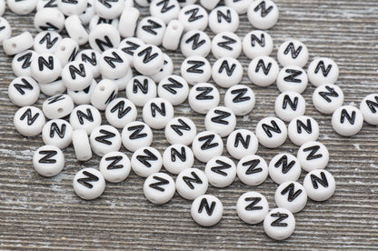 Letter N Alphabet Beads, White Alphabet Letter Beads, Acrylic White and Black Letters Beads, Round Acrylic Beads, Name Beads, Size 7mm