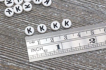 Letter K Alphabet Beads, White Alphabet Letter Beads, Acrylic White and Black Letters Beads, Round Acrylic Beads, Name Beads, Size 7mm