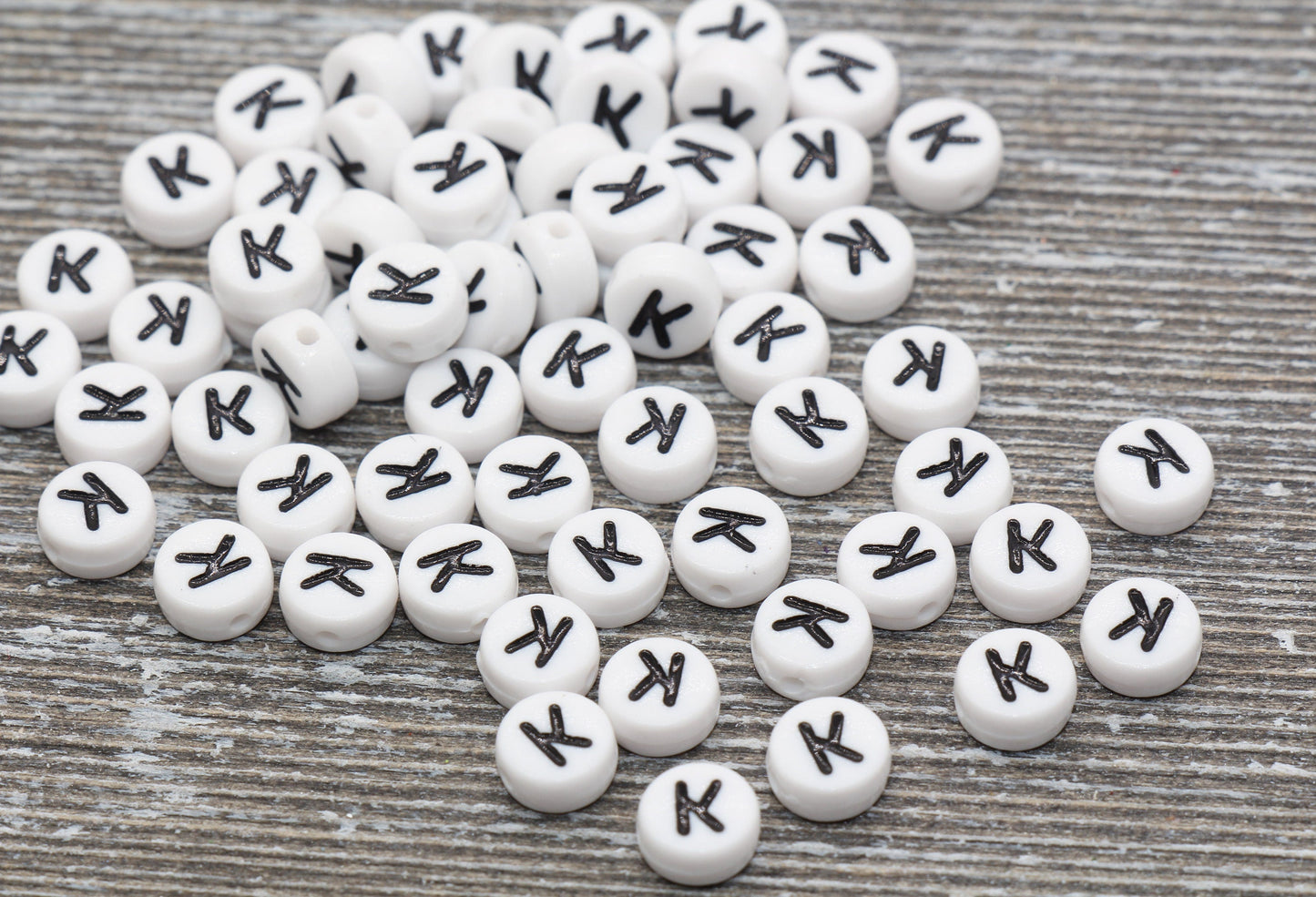 Letter K Alphabet Beads, White Alphabet Letter Beads, Acrylic White and Black Letters Beads, Round Acrylic Beads, Name Beads, Size 7mm