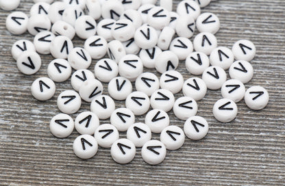 Letter V Alphabet Beads, White Alphabet Letter Beads, Acrylic White and Black Letters Beads, Round Acrylic Beads, Name Beads, Size 7mm