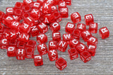 Translucent Red Alphabet Letter Beads, Mix Acrylic Cube Square Letter Beads, Plastic Letter Beads, Name Initial Beads, Size 6mm #160