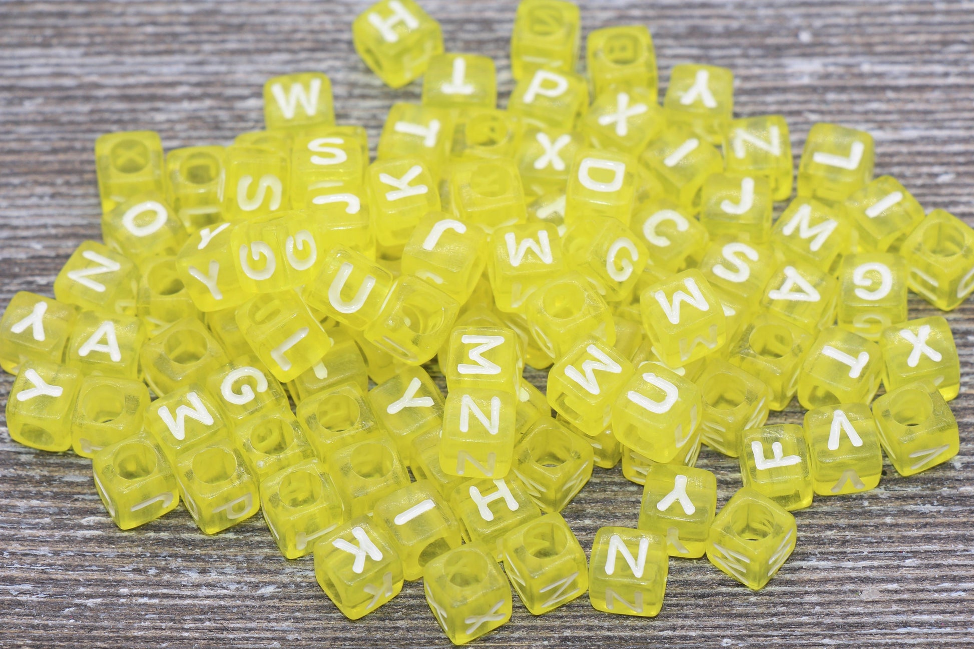 Translucent Yellow Alphabet Letter Beads, Mix Cube Square Letter Beads, Plastic Letter Beads, Acrylic Name Initial Beads, Size 6mm #3245