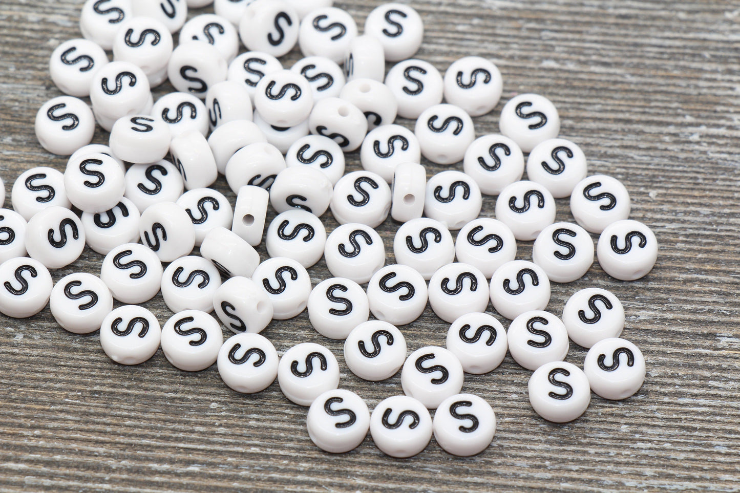 Letter S Alphabet Beads, White Alphabet Letter Beads, Acrylic White and Black Letters Beads, Round Acrylic Beads, Name Beads, Size 7mm