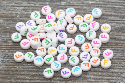 Letter F Alphabet Beads, Multicolored White Alphabet Letter Beads, Acrylic White Letters Beads, Round Acrylic Beads, Name Beads, Size 7mm