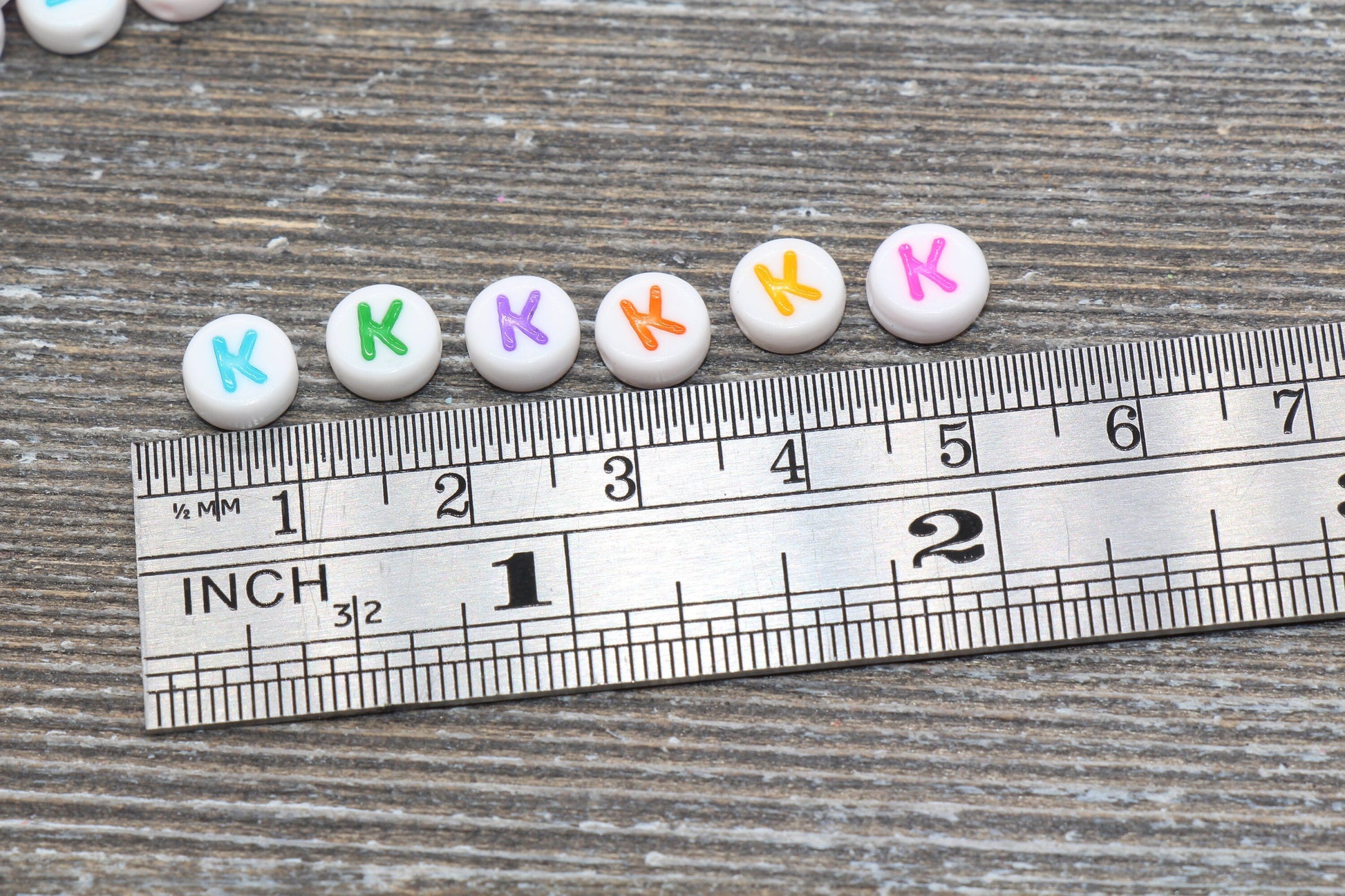 Letter K Alphabet Beads, Multicolored White Alphabet Letter Beads, Acrylic White Letters Beads, Round Acrylic Beads, Name Beads, Size 7mm