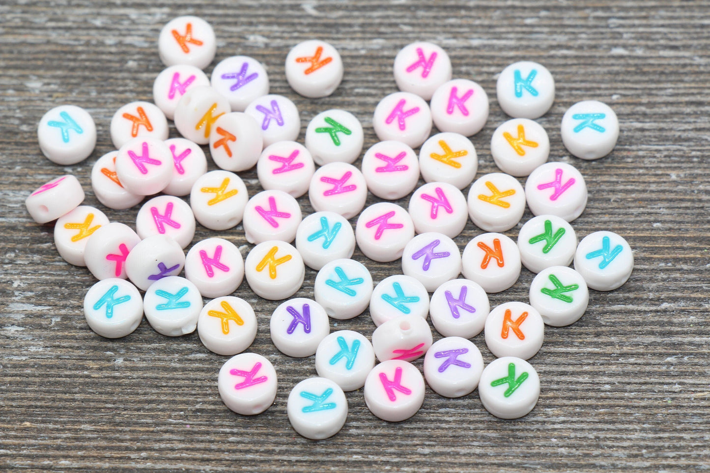 Letter K Alphabet Beads, Multicolored White Alphabet Letter Beads, Acrylic White Letters Beads, Round Acrylic Beads, Name Beads, Size 7mm