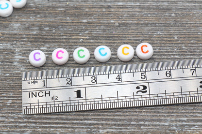 Letter C Alphabet Beads, Multicolored White Alphabet Letter Beads, Acrylic White Letters Beads, Round Acrylic Beads, Name Beads, Size 7mm