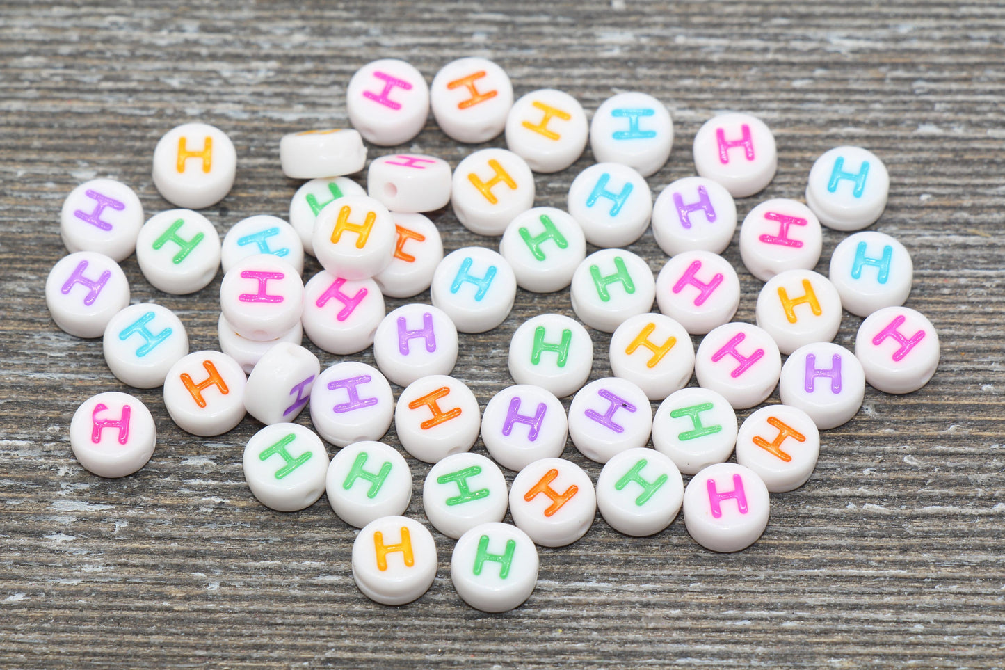 Letter H Alphabet Beads, Multicolored White Alphabet Letter Beads, Acrylic White Letters Beads, Round Acrylic Beads, Name Beads, Size 7mm