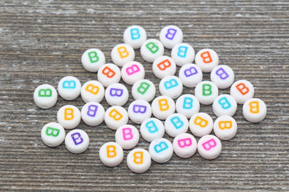 Letter B Alphabet Beads, Multicolored White Alphabet Letter Beads, Acrylic White Letters Beads, Round Acrylic Beads, Name Beads, Size 7mm