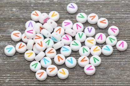 Letter V Alphabet Beads, Multicolored White Alphabet Letter Beads, Acrylic White Letters Beads, Round Acrylic Beads, Name Beads, Size 7mm