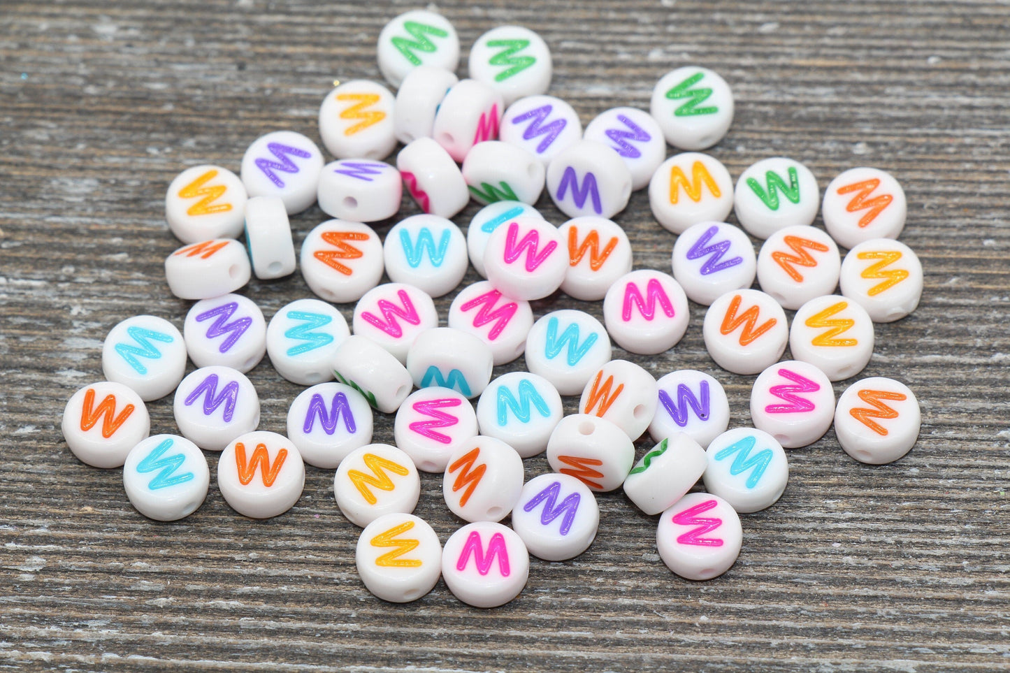 Letter W Alphabet Beads, Multicolored White Alphabet Letter Beads, Acrylic White Letters Beads, Round Acrylic Beads, Name Beads, Size 7mm