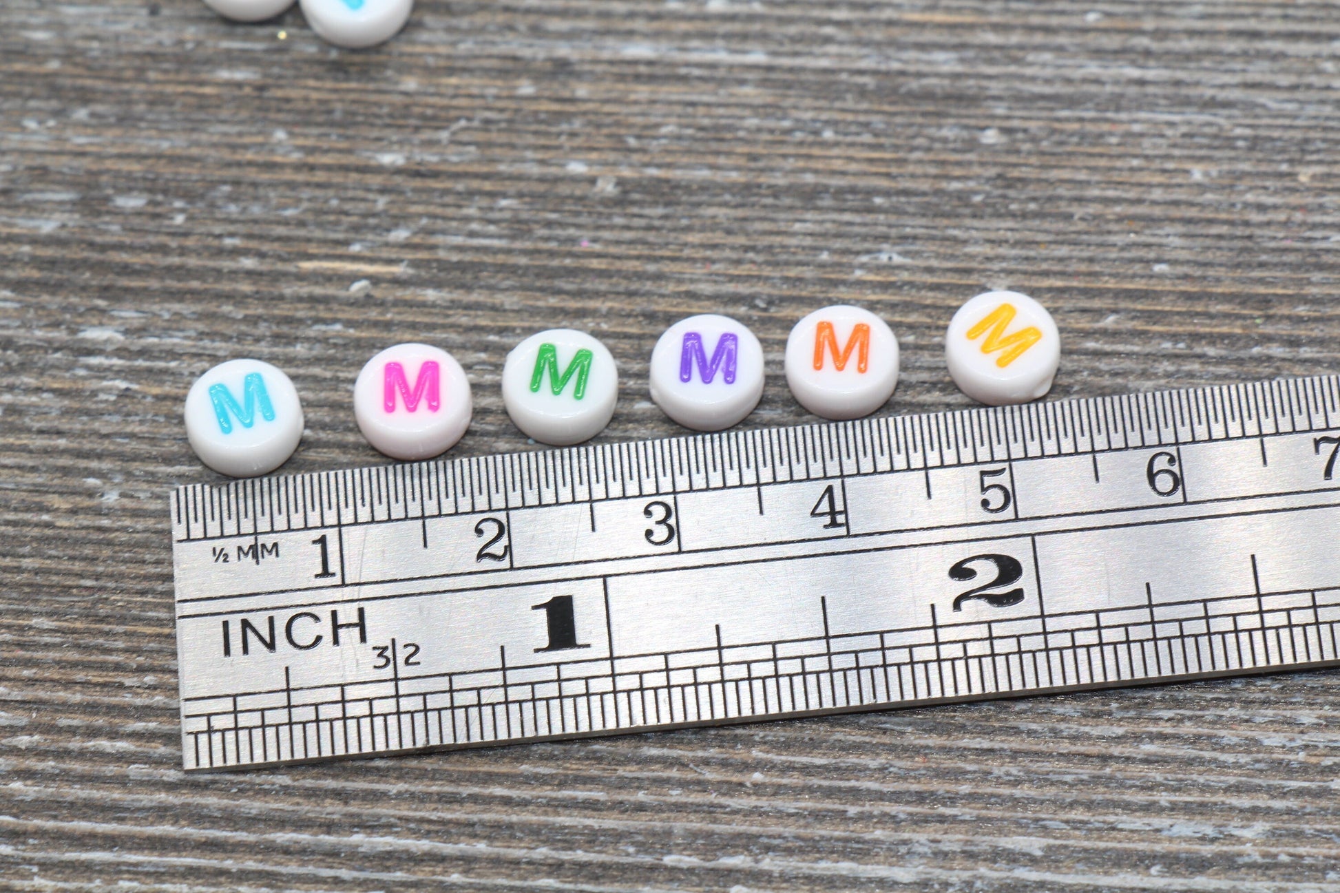 Letter M Alphabet Beads, Multicolored White Alphabet Letter Beads, Acrylic White Letters Beads, Round Acrylic Beads, Name Beads, Size 7mm