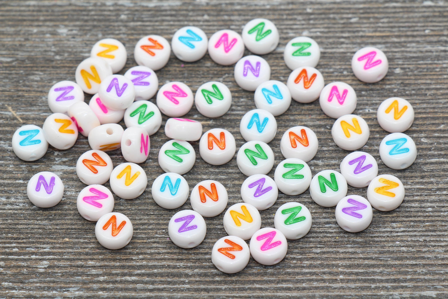 Letter N Alphabet Beads, Multicolored White Alphabet Letter Beads, Acrylic White Letters Beads, Round Acrylic Beads, Name Beads, Size 7mm