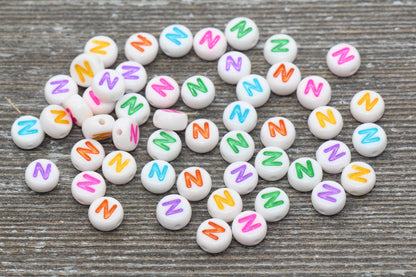 Letter N Alphabet Beads, Multicolored White Alphabet Letter Beads, Acrylic White Letters Beads, Round Acrylic Beads, Name Beads, Size 7mm