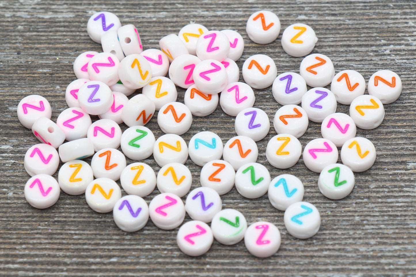 Letter Z Alphabet Beads, Multicolored White Alphabet Letter Beads, Acrylic White Letters Beads, Round Acrylic Beads, Name Beads, Size 7mm