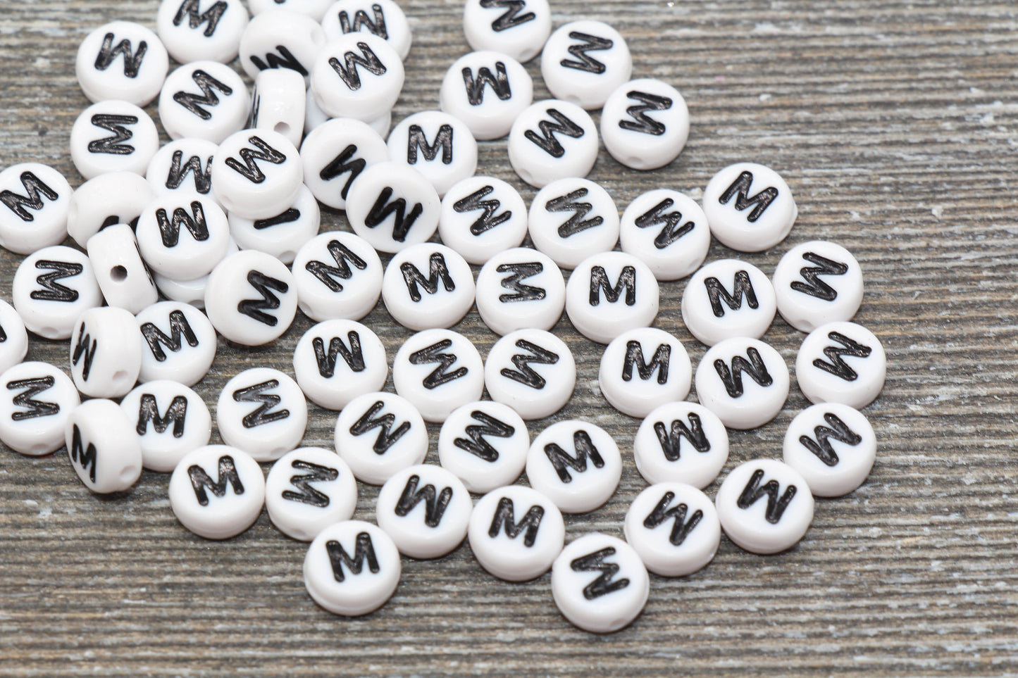 Letter M Alphabet Beads, White Alphabet Letter Beads, Acrylic White and Black Letters Beads, Round Acrylic Beads, Name Beads, Size 7mm