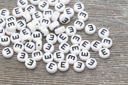 Letter E Alphabet Beads, White Alphabet Letter Beads, Acrylic White and Black Letters Beads, Round Acrylic Beads, Name Beads, Size 7mm