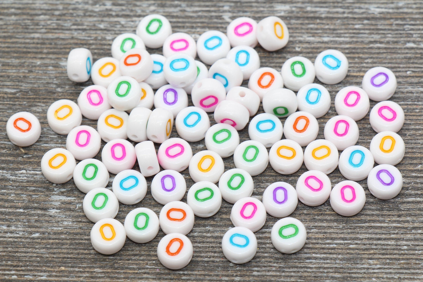 Letter O Alphabet Beads, Multicolored White Alphabet Letter Beads, Acrylic White Letters Beads, Round Acrylic Beads, Name Beads, Size 7mm