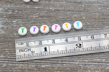 Letter T Alphabet Beads, Multicolored White Alphabet Letter Beads, Acrylic White Letters Beads, Round Acrylic Beads, Name Beads, Size 7mm